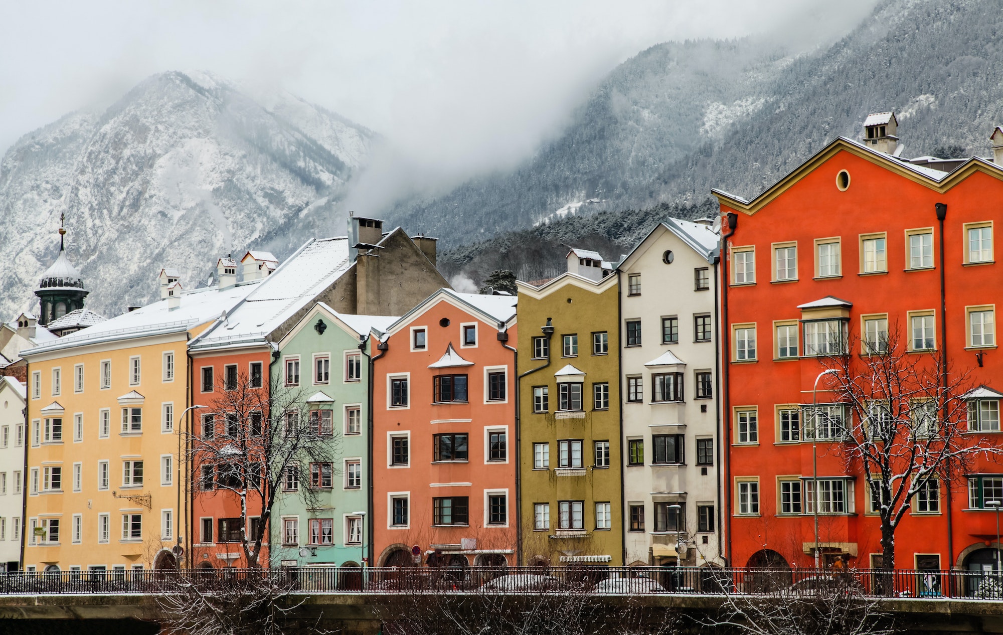 Colorful houses on bank of the river Inn in Innsbruck, Austria.